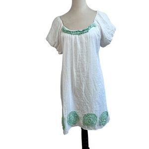 Ami Sanzuri Silk Cotton Dress White Mint Ruffle Trim Boho Euro Summer Shift | M